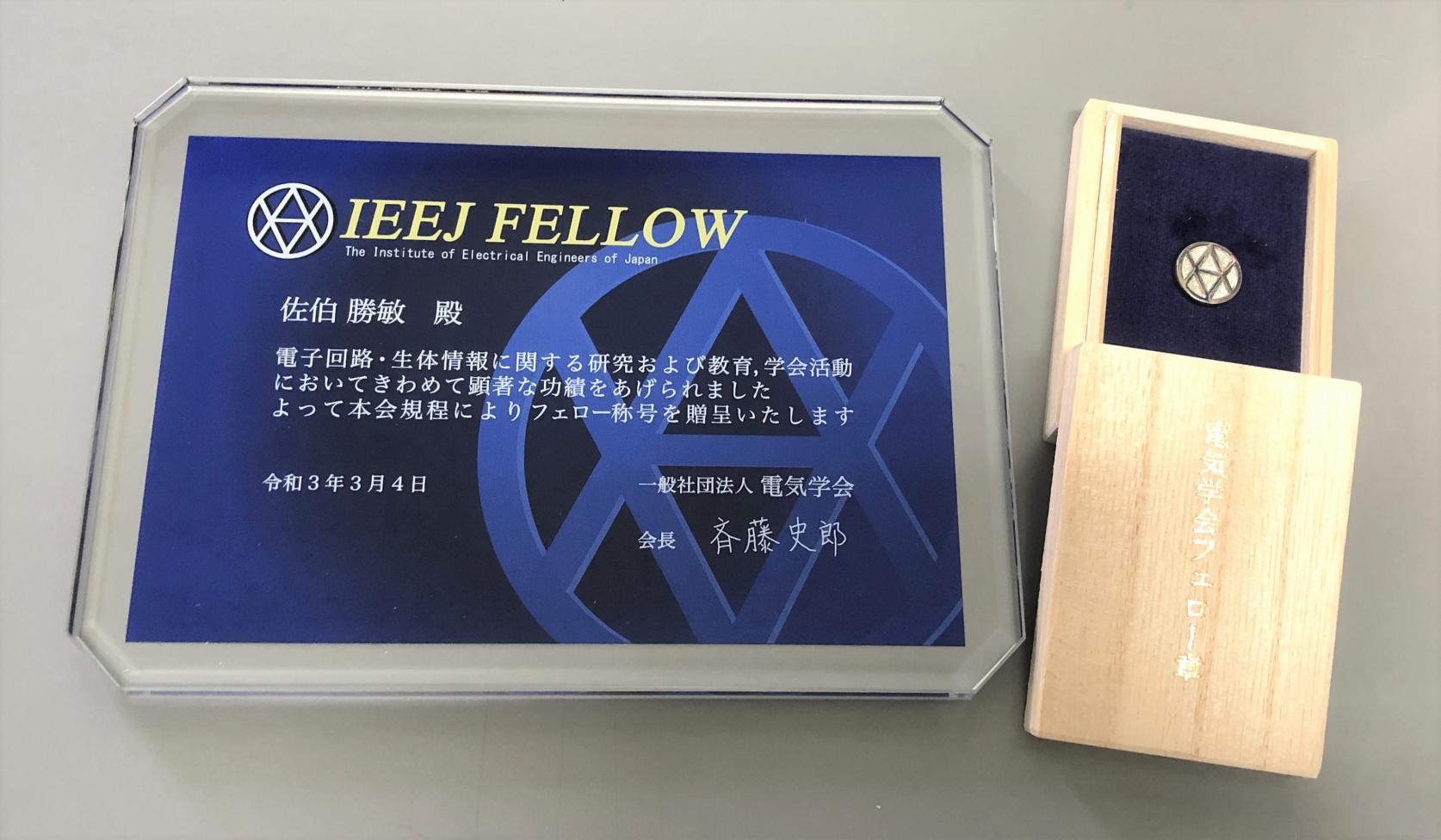 電子工学科 佐伯勝敏教授が電気学会よりフェローの称号を授与されました。