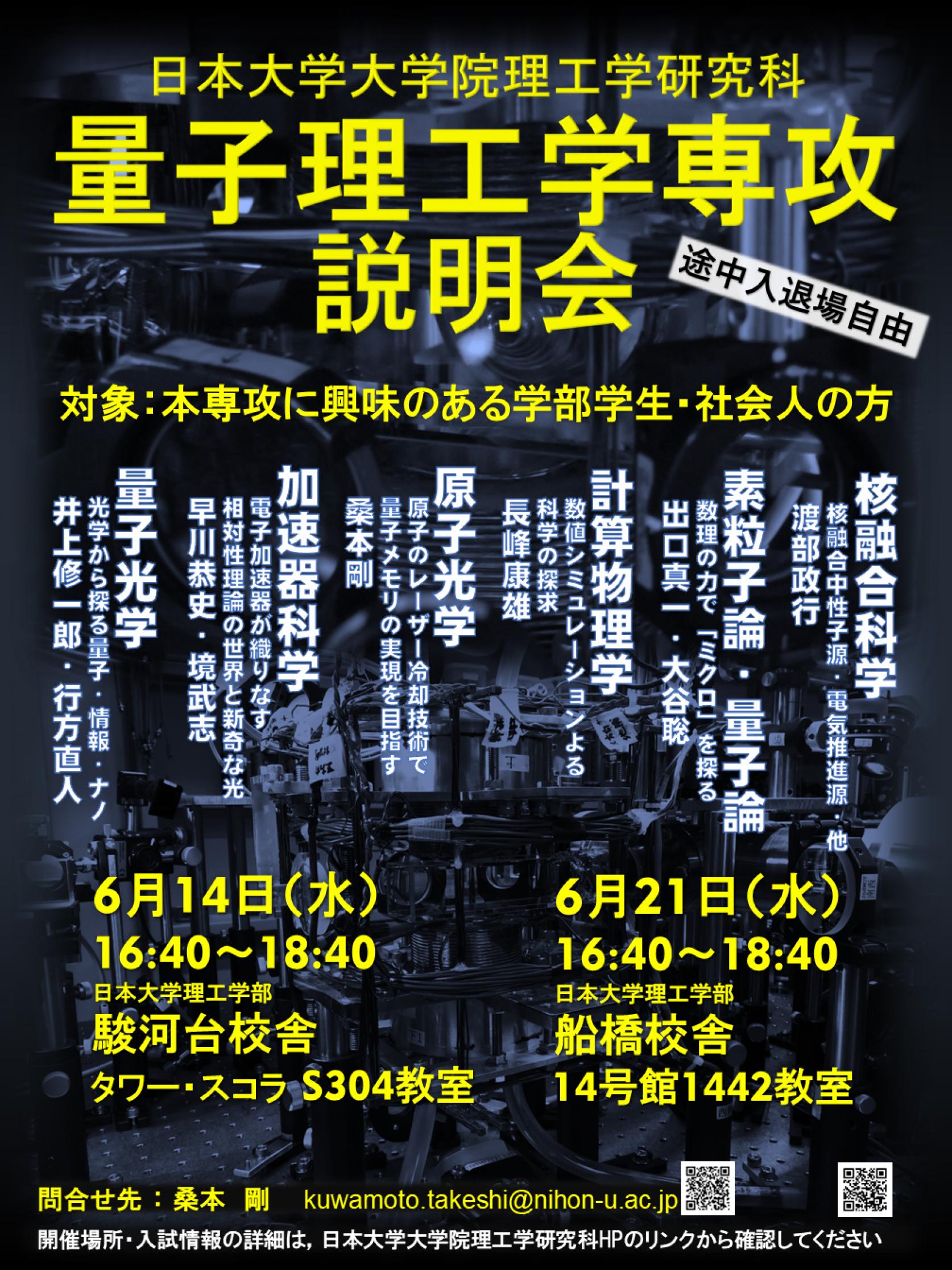 6月14日(水)・21日(水)に、日本大学大学院理工学研究科 量子理工学専攻説明会を開催します。