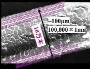 図1：単層カーボンナノチューブは、髪の毛1本に100,000(10万)本並べられるほど非常に小さな直径(約1nm)を持っています。この極微細SWNTを様々な応用に適用します